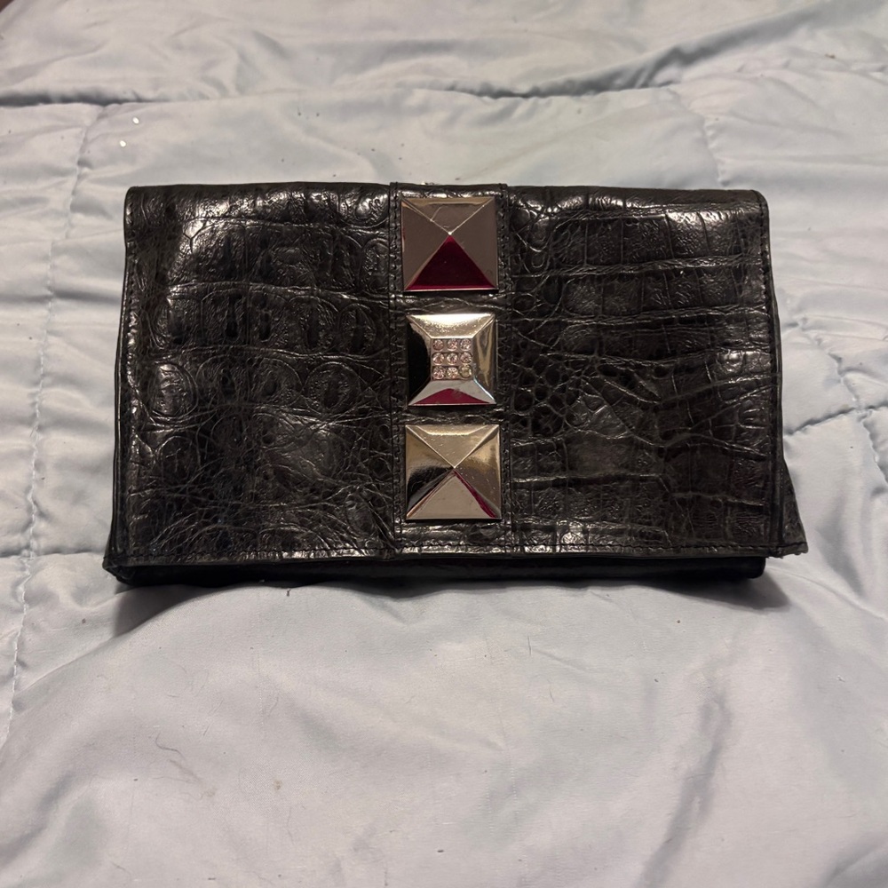 Charm and Luck Croc-Embossed Clutch with Silver Studs